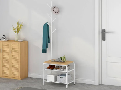 Coat Rack with Bench 2 Shelves Shoe Rack 54x35x175 cm in Metal and MDF Duplex White/Oak