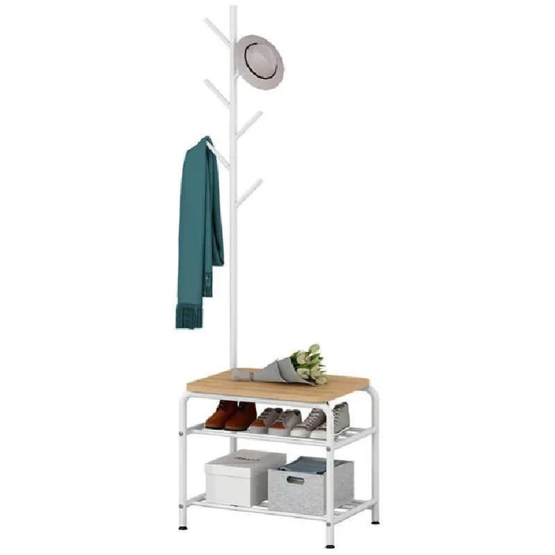Coat Rack with Bench 2 Shelves Shoe Rack 54x35x175 cm in Metal and MDF Duplex White/Oak