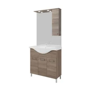 Mobile Bagno Savinidue “Rubino 85 New” Rovere Fumo con Lavabo, Specchio LED e Pensile