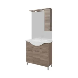 Mobile Bagno Savinidue “Rubino 85 New” Rovere Fumo con Lavabo, Specchio LED e Pensile