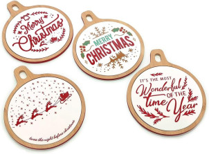 Wooden and White Porcelain Cutting Board Trivet with Red Christmas Writings Diameter 22 cm Kitchen Board