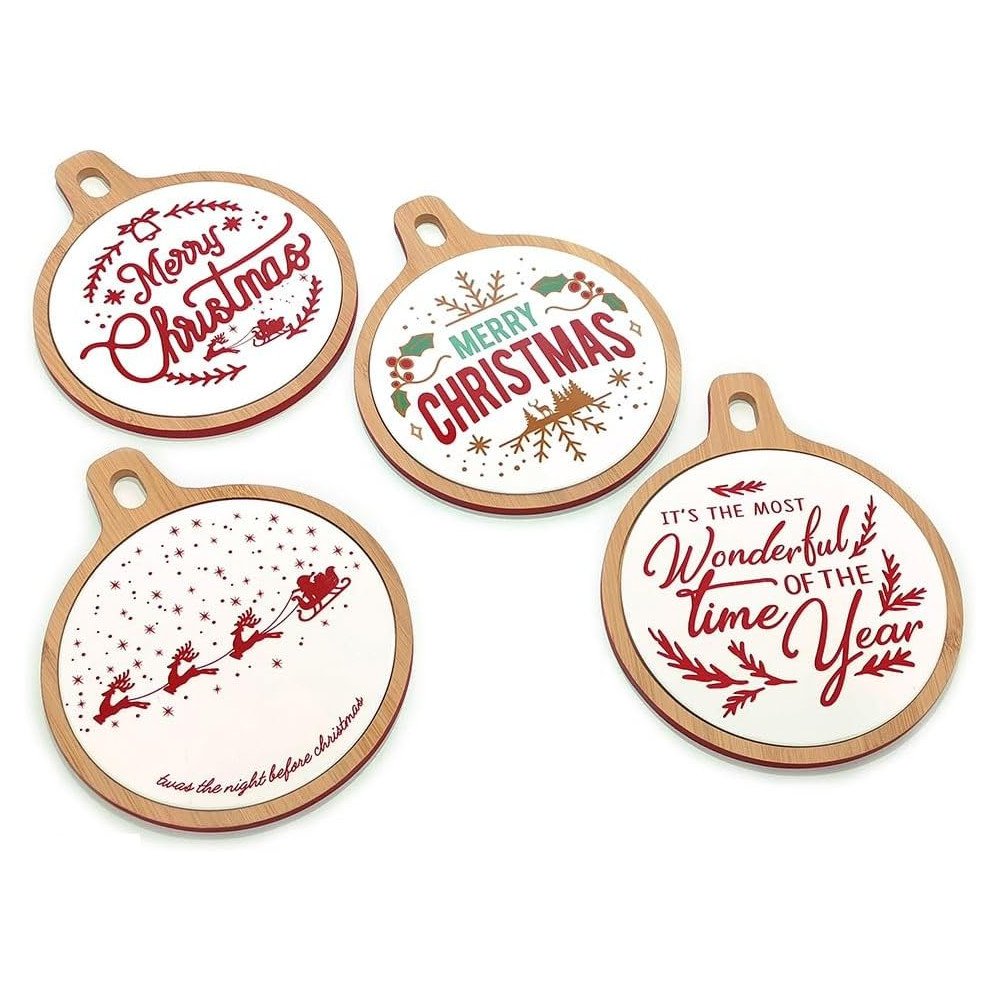 Wooden and White Porcelain Cutting Board Trivet with Red Christmas Writings Diameter 22 cm Kitchen Board
