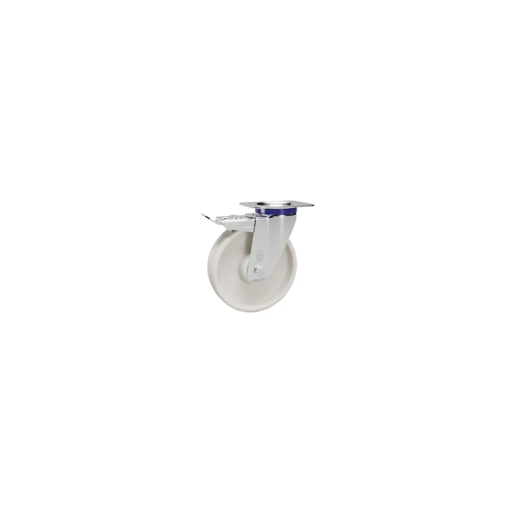RUOTE IN POLIAMMIDE C/SUPPORTO INOX C/PIASTRA GIREVOLE FRENO "119ANT"