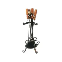 SET 4 ATTREZZI PER CAMINO MANICO LEGNO BASE TONDA