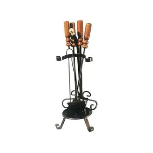 SET 4 ATTREZZI PER CAMINO MANICO LEGNO BASE TONDA