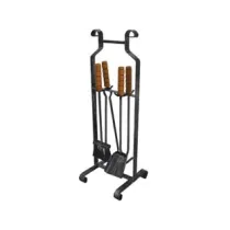 SET 4 ATTREZZI PER CAMINO MANICO LEGNO BASE QUADRA