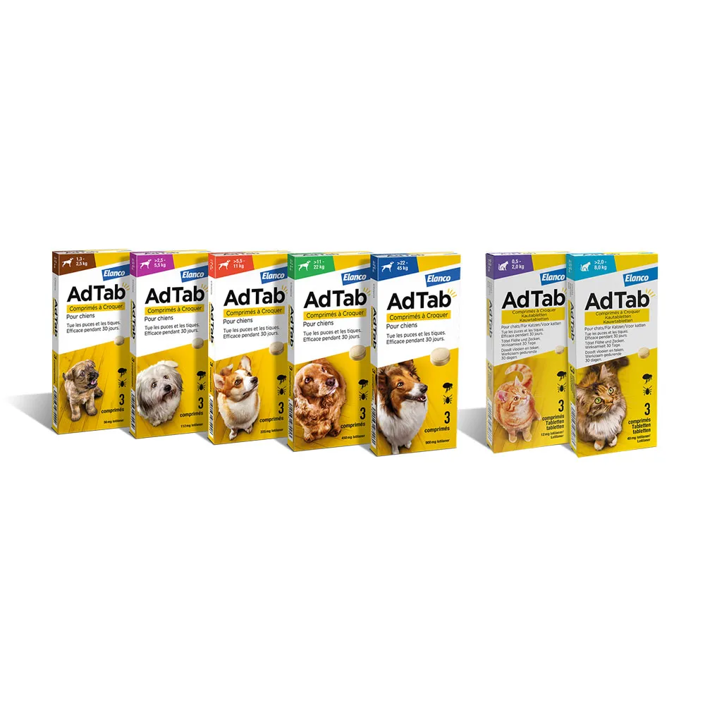 COMPRESSE ANTIPARASSITARIE MASTICABILI 'ADTAB' cani 11 - 22 kg / 3 compresse da 450 mg COMPRESSE ANTIPARASSITARIE MASTICABILI 'ADTAB' cani 11 - 22 kg / 3 compresse da 450 mg