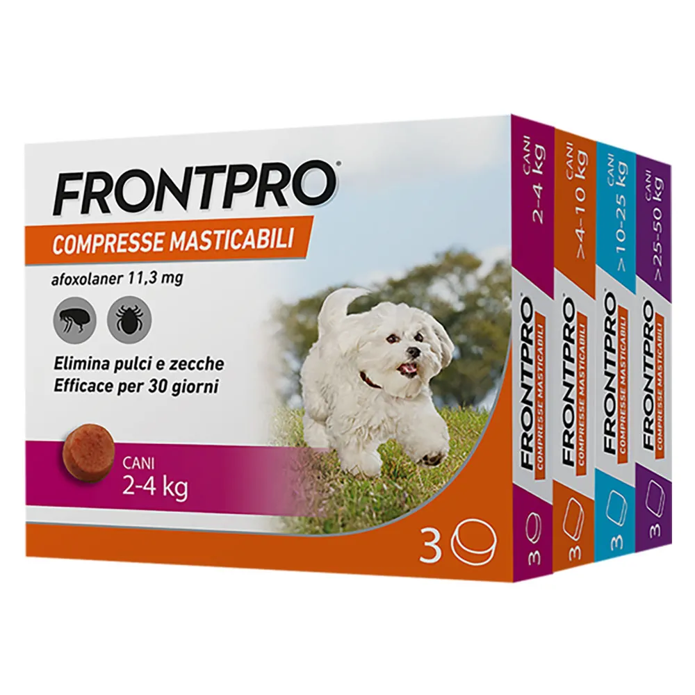 COMPRESSE ANTIPARASSITARIE MASTICABILI 'FRONTPRO' cani da 10 a 25 kg / 3 compresse da 68 mg