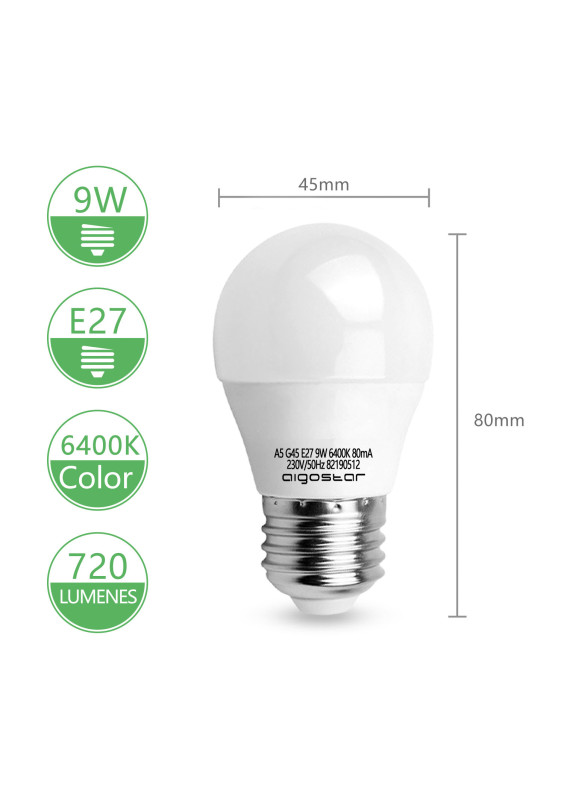 A5 G45 LED lamp (9W, E27, 6400K, COOL LIGHT)