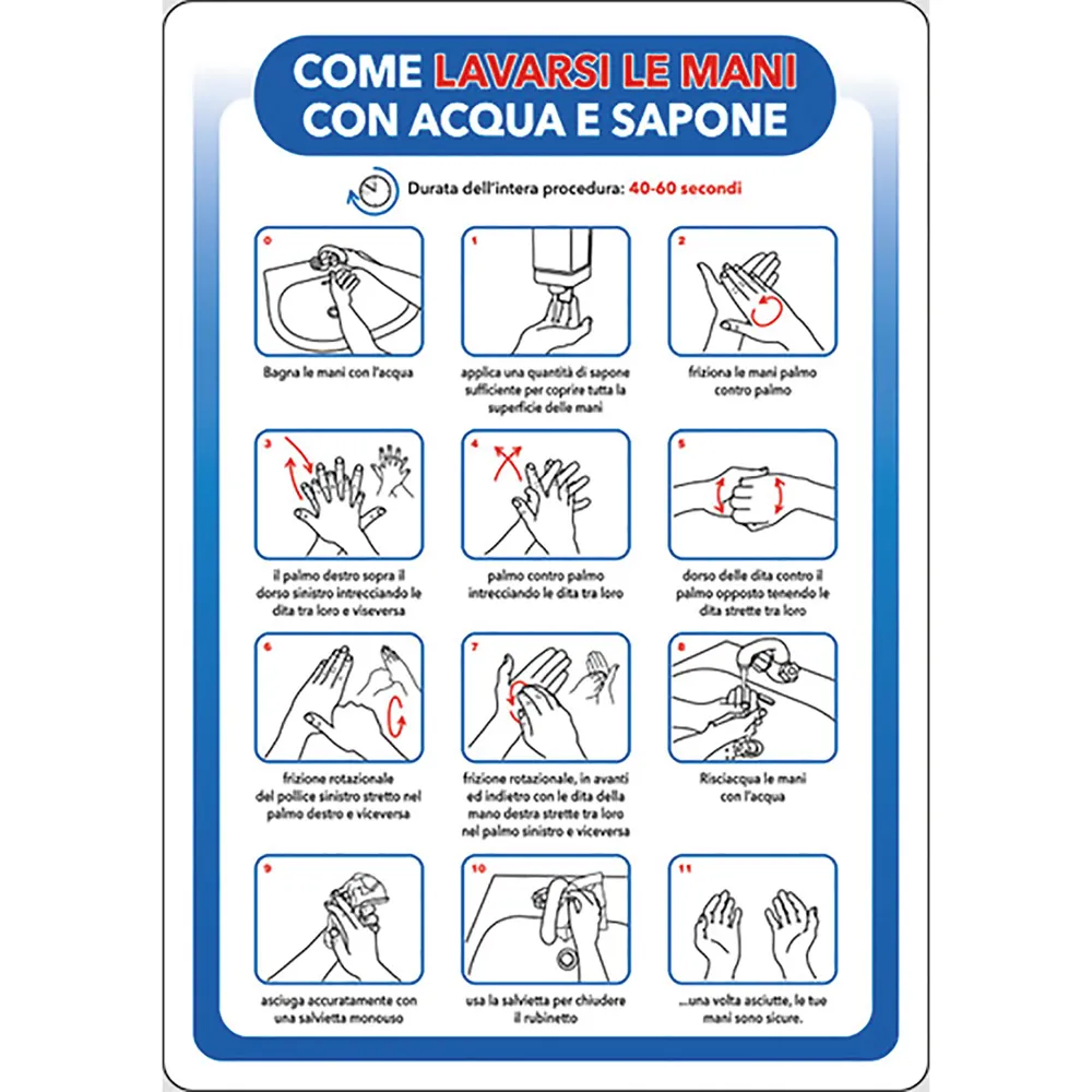 CARTELLO 'COME LAVARSI LE MANI CON ACQUA E SAPONE' cm 20 x 30 - alluminio