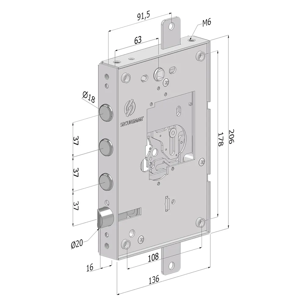SERRATURA DA APPLICARE TRIPLICE PER PORTE BLINDATE SENZA NUCLEO '250' interasse pistoni 37 mm - DX SERRATURA DA APPLICARE TRIPLICE PER PORTE BLINDATE SENZA NUCLEO '250' interasse pistoni 37 mm - DX
