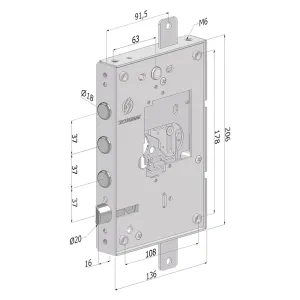 SERRATURA DA APPLICARE TRIPLICE PER PORTE BLINDATE SENZA NUCLEO '250' interasse pistoni 37 mm  - DX