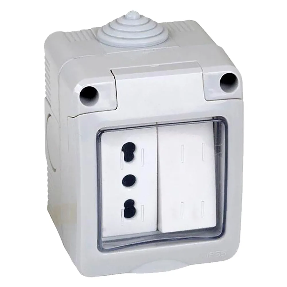CONTENITORE ESTERNO INTERRUTTORE + PRESA 1 deviatore + presa bivalente 10/16A CONTENITORE ESTERNO INTERRUTTORE + PRESA 1 deviatore + presa bivalente 10/16A