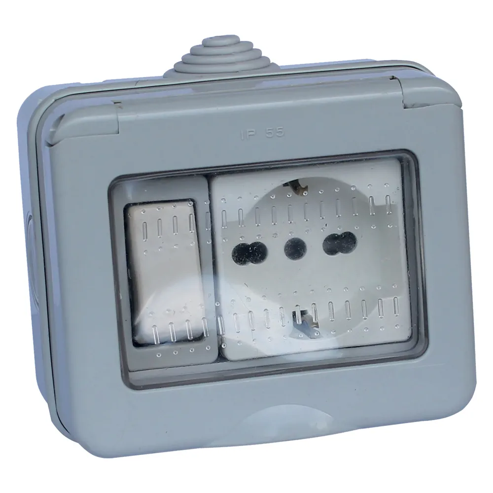 CONTENITORE ESTERNO INTERRUTTORE + PRESA / SCHUKO 1 deviatore + 1 presa bivalente 10/16A / schuko CONTENITORE ESTERNO INTERRUTTORE + PRESA / SCHUKO 1 deviatore + 1 presa bivalente 10/16A / schuko
