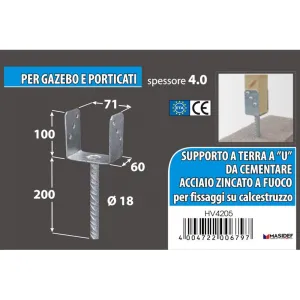 Supporto a "U" per pali Misura X X X: 101 x 65 x 105 x 200 mm.