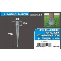 Ancoraggio a punta per pali tondi Misura ØX: Ø 100 x 750 mm.