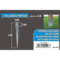 Ancoraggio a punta per pali tondi Misura ØX: Ø 100 x 750 mm.