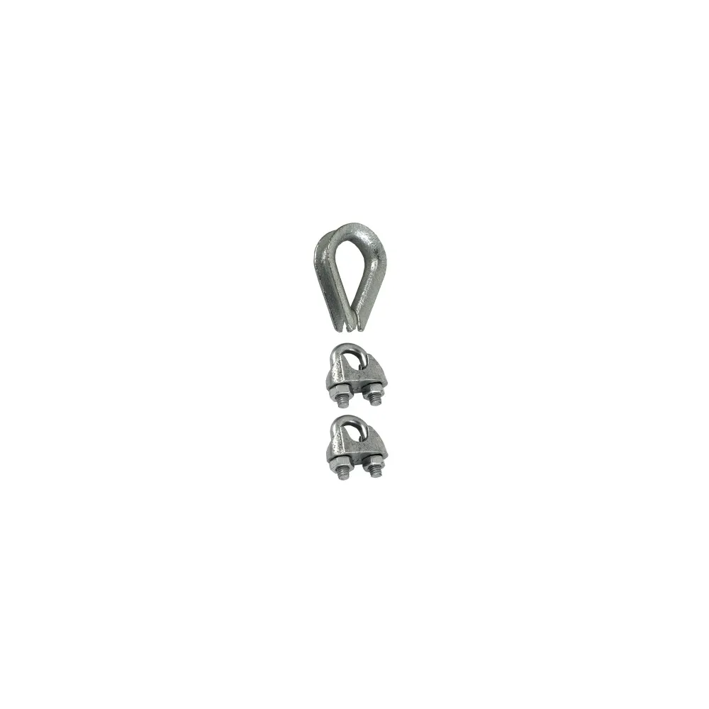 Set 2 morsetti + redance per funi in acciaio zincato Dimensioni m.: 3 mm. Set 2 morsetti + redance per funi in acciaio zincato Dimensioni m.: 3 mm.