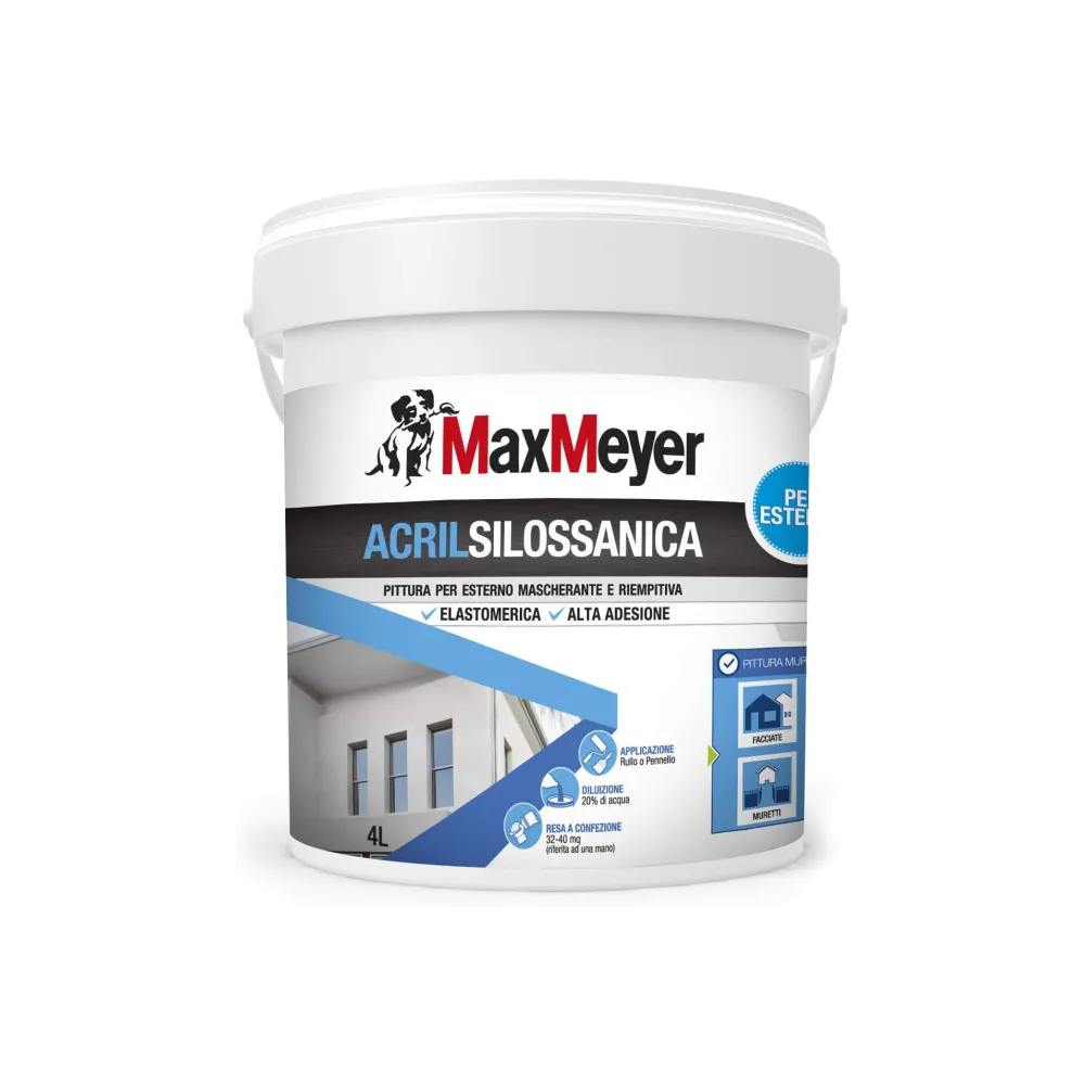 PITTURA ACRILSILOSSANICA BIANCO MAXMEYER Dimensioni vernici: 4 Lt. PITTURA ACRILSILOSSANICA BIANCO MAXMEYER Dimensioni vernici: 4 Lt.