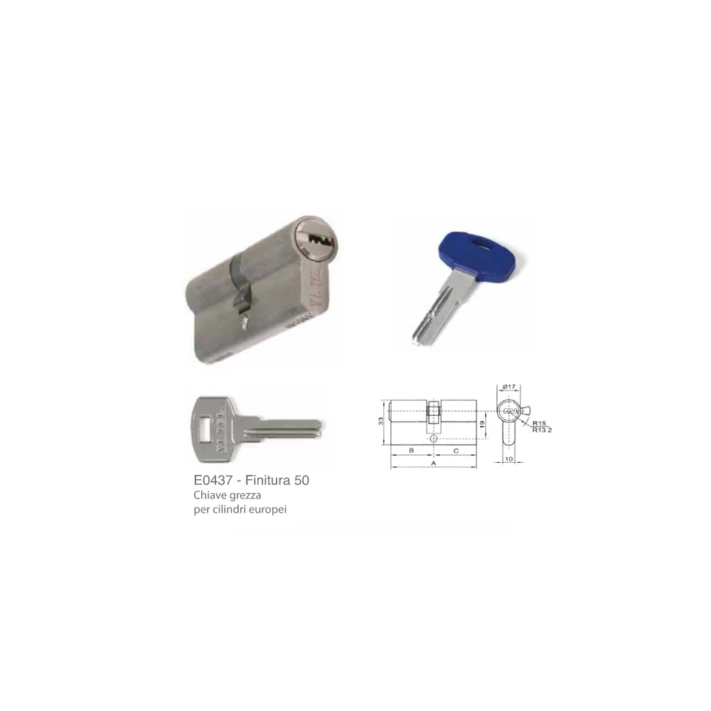 CILINDRO EUROPEO FINITURA CROMO SATINATO 5 CHIAVI GREZZE + 1 CHIAVE DA CANTIERE Dimensioni cilindro: mm 70 (30+40)