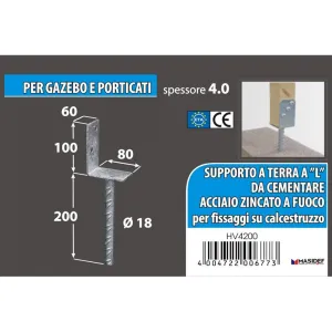 Supporto a "L" per pali 75 x 60 x 110 x 200 mm.
