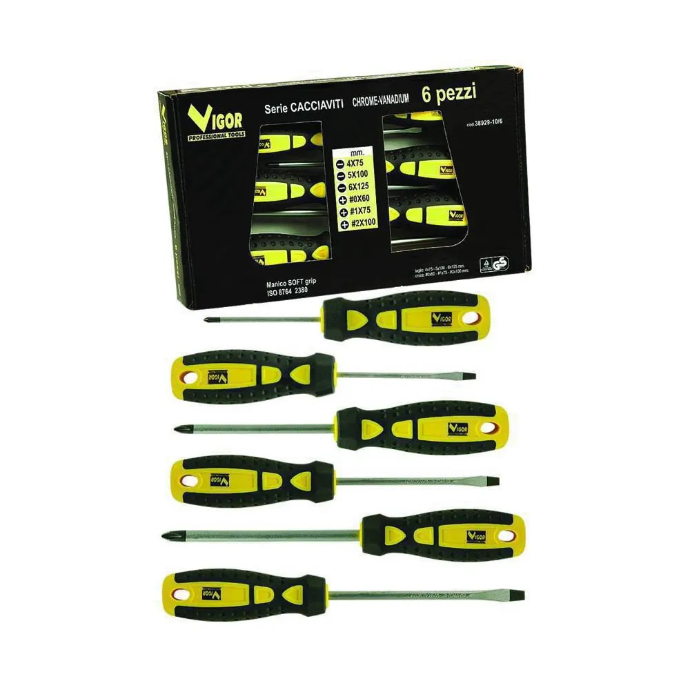 Serie cacciaviti Vigor cromo-vanadio taglio/croce 6pz. Serie cacciaviti Vigor cromo-vanadio taglio/croce 6pz.