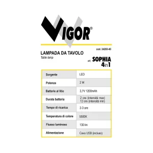 LAMPADA DA TAVOLO VIGOR LED SOPHIA 4IN1 130LM BIANCA