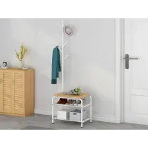 Appendiabiti con Panca 2 Ripiani Portascarpe 54x35x175 cm in Metallo e MDF Duplex Bianco/Rovere