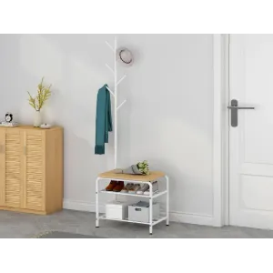 Appendiabiti con Panca 2 Ripiani Portascarpe 54x35x175 cm in Metallo e MDF Duplex Bianco/Rovere
