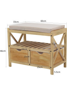 Banc avec 2 tiroirs en bois clair style Shabby Country 46x60x33cm