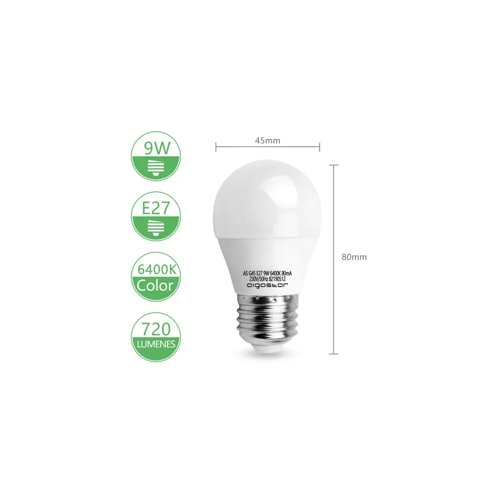 Lampada a led A5 G45(9W,E27,6400K,LUCE FREDDA)