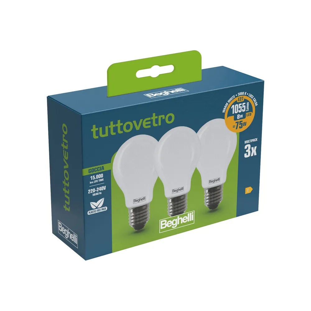 BEGHELLI LED GOCCIA E27  8W 58050 CALDA 3000K 3 PZ (10