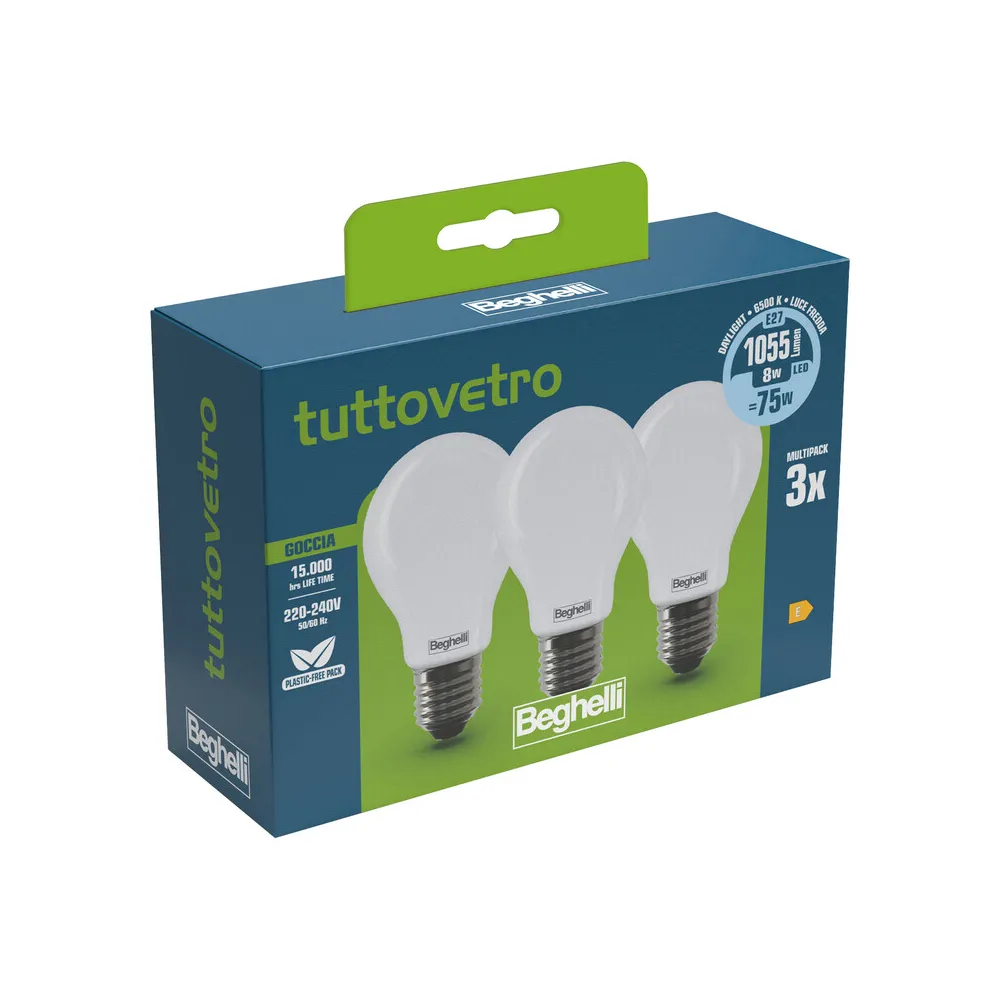 BEGHELLI LED GOCCIA E27  8W 58052 FREDDA 6500K 3 PZ (10