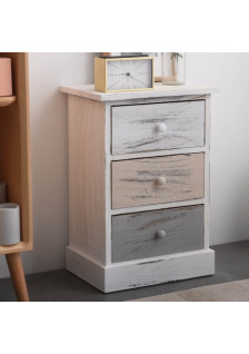 WHITE BEIGE WOODEN BEDSIDE TABLE 3 DRAWERS SHABBY 54X37X27CM