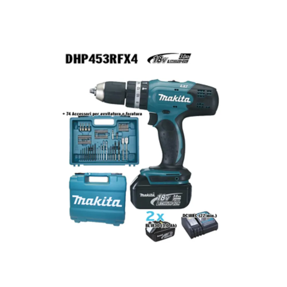 MAKITA TRAPANO C/PERC DHP453RFX4 18V LXT + 74 ACC