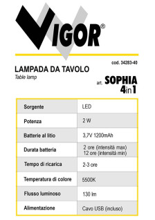 LAMPADA DA TAVOLO VIGOR LED SOPHIA 4IN1 130LM BIANCA