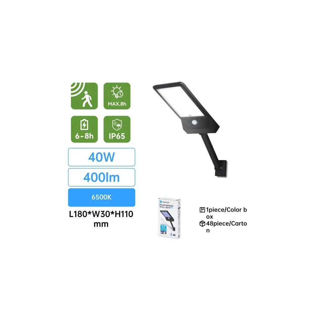 LAMPADA DA PARETE SOLARE LED CON SENSORE NERA 6500K LAMPADA DA PARETE SOLARE LED CON SENSORE NERA 6500K