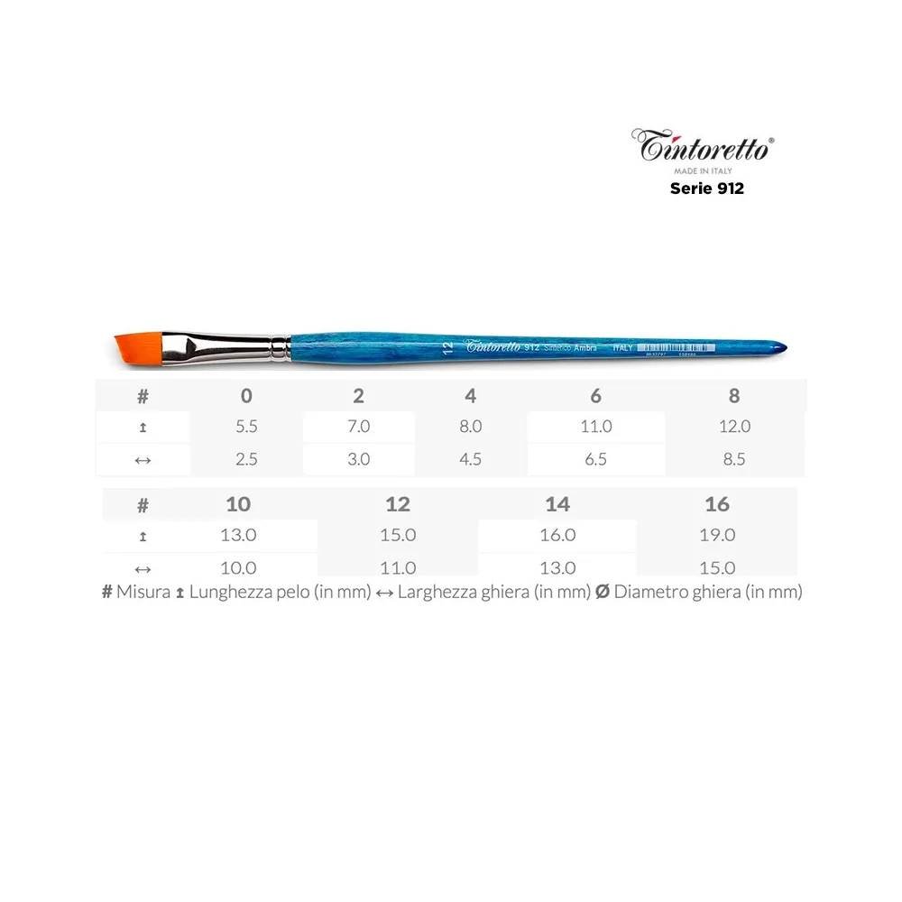 Pennello piatto angolare, sintetico ambra, manico corto N. 8
