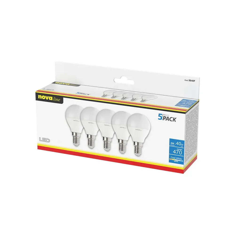 NOVA LAMPADA LED SFERETTA E14 6W 6500K PZ.5