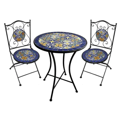 SET TAVOLO MOSAICO DA ESTERNO 'GENZIANA' Ø cm 60 x h.75 (tavolo) - cm 38 x 46-92 (sedie)