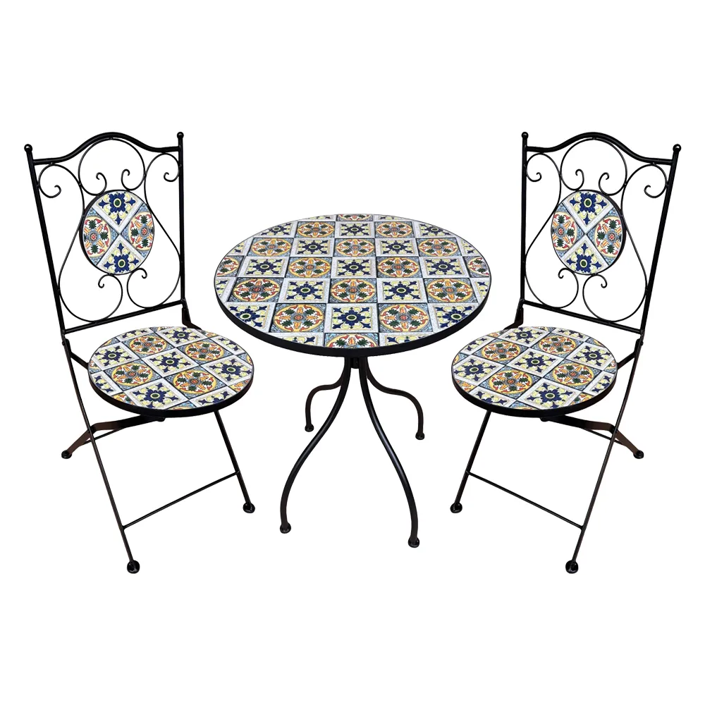 SET TAVOLO MOSAICO DA ESTERNO 'FIOCCO' Ø cm 60 x h.75 (tavolo) - cm 38 x 46-92 (sedie)