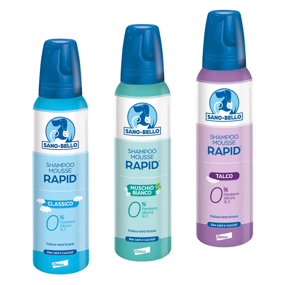 SHAMPOO MOUSSE PER CANE E CUCCIOLI 'RAPID' profumazione al talco